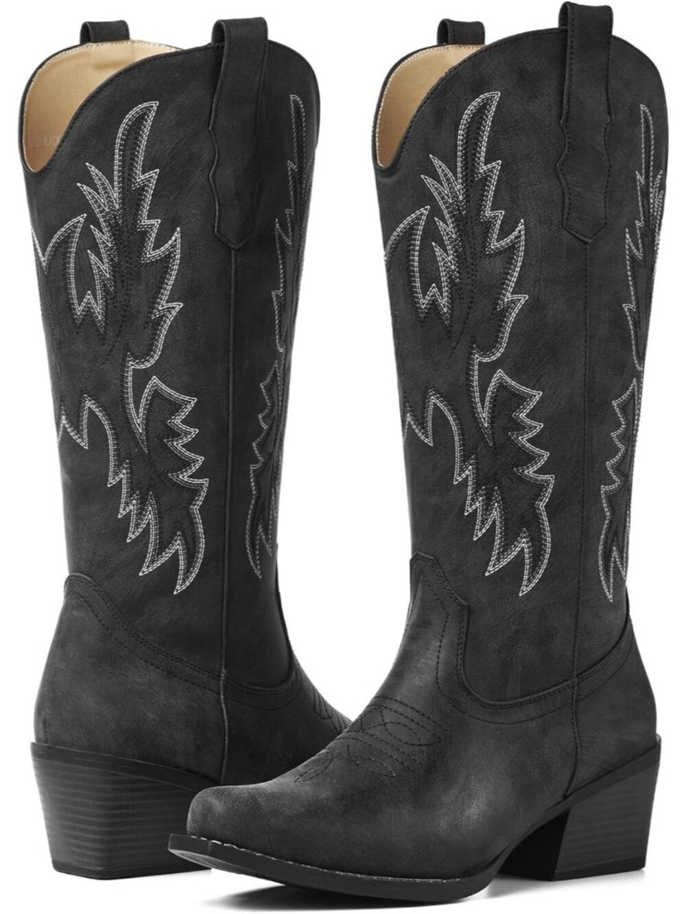 Women's Black Embroidered Snip Toe Mid Calf Stable Chunky Heels Western Boots - Picture 6 of 6